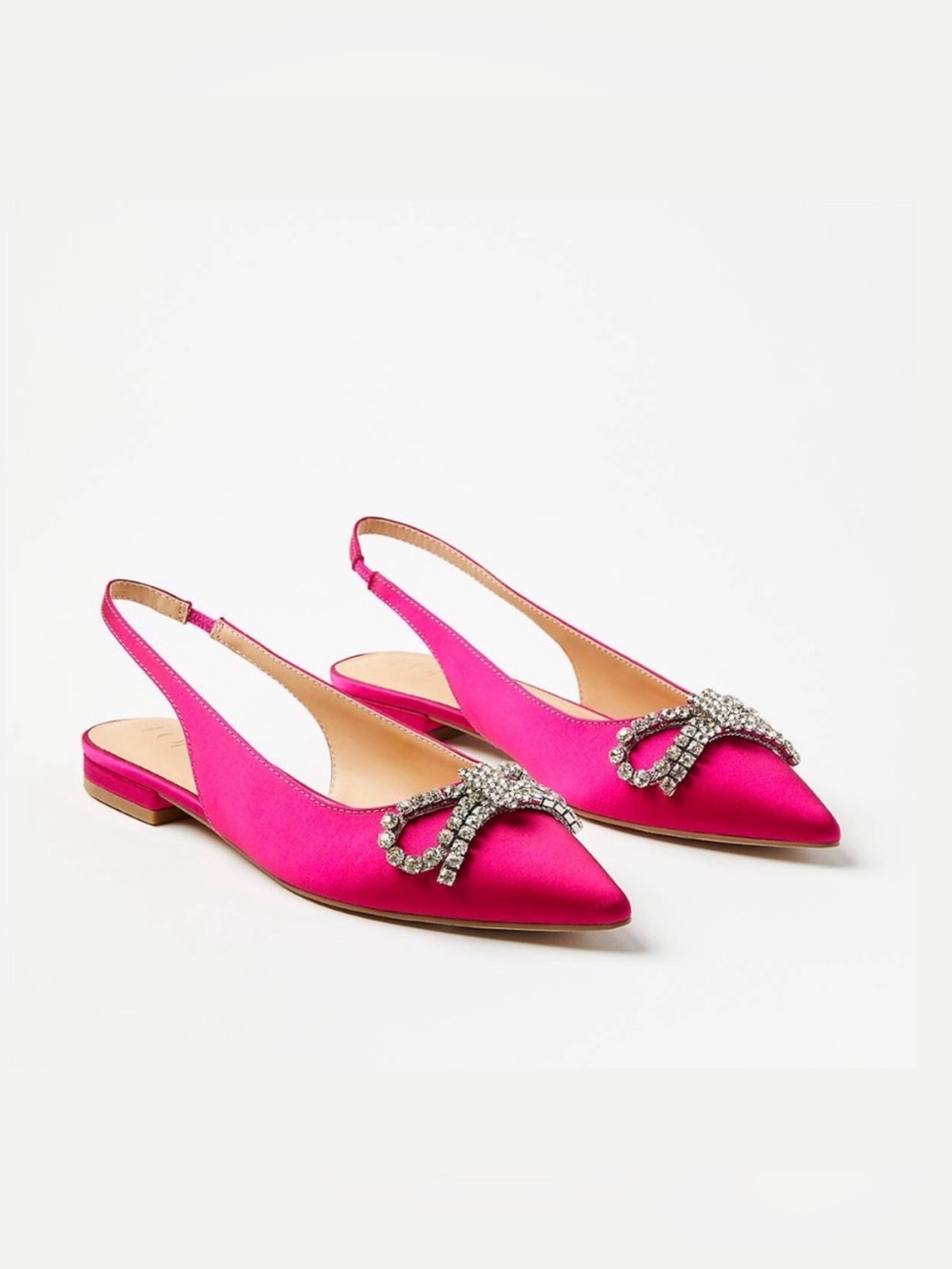 LOFT Fuchsia Pink Crystal Bow Pointed Toe Satin Slingback Flats
